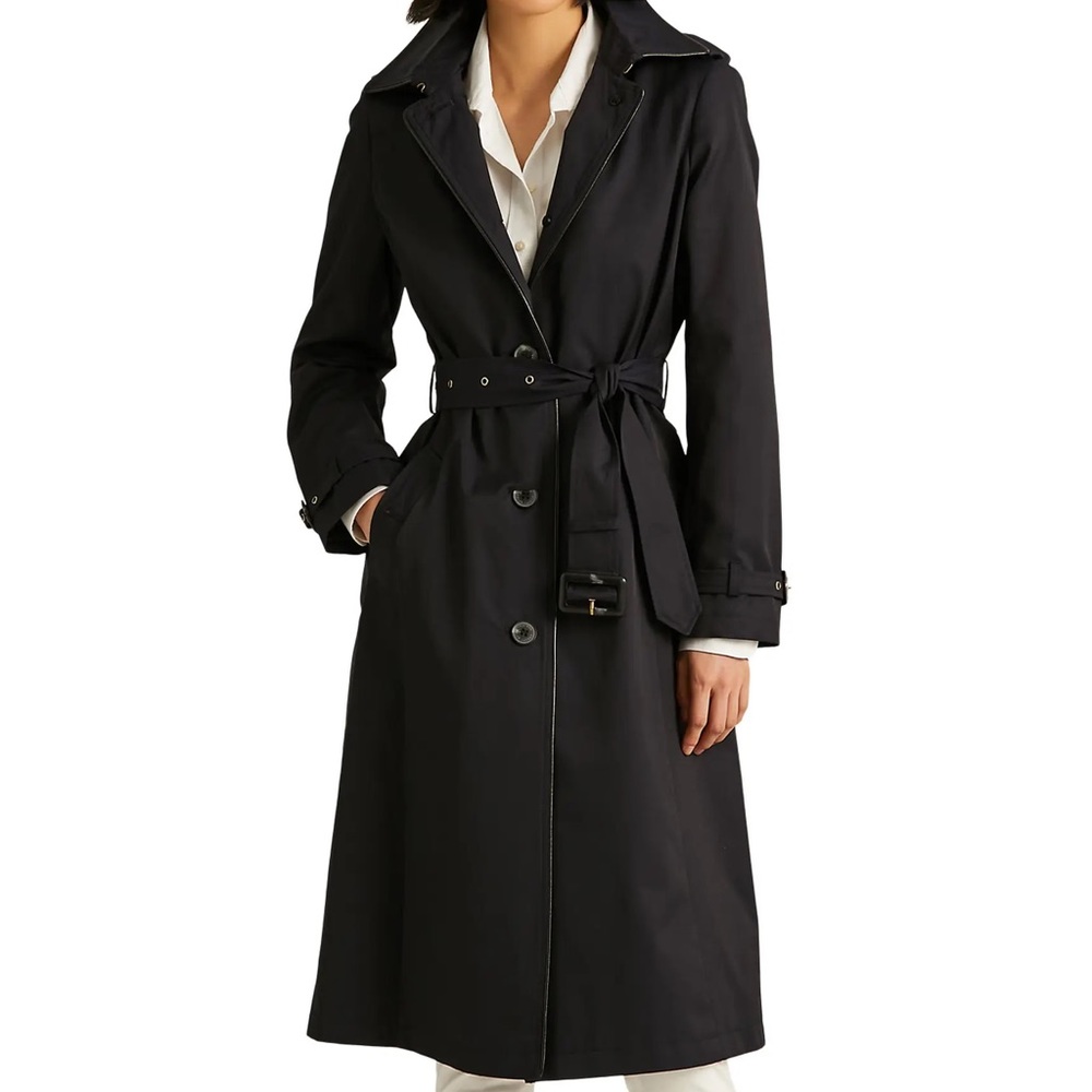 Water Resistant Cotton Blend Trench Coat with Removable Hood. Dark navy.